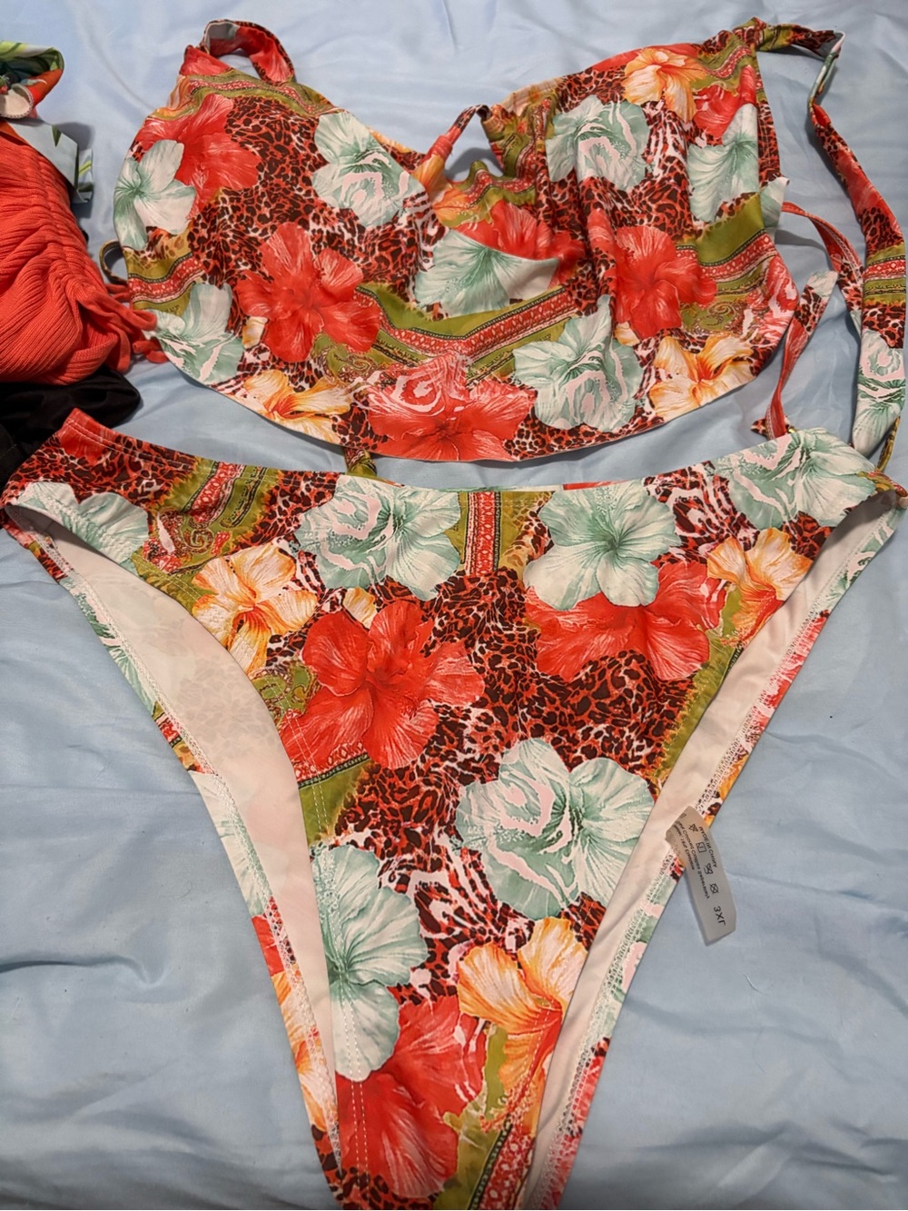 SHEIN Red, Green & Cream Floral Leopard Bikini Set